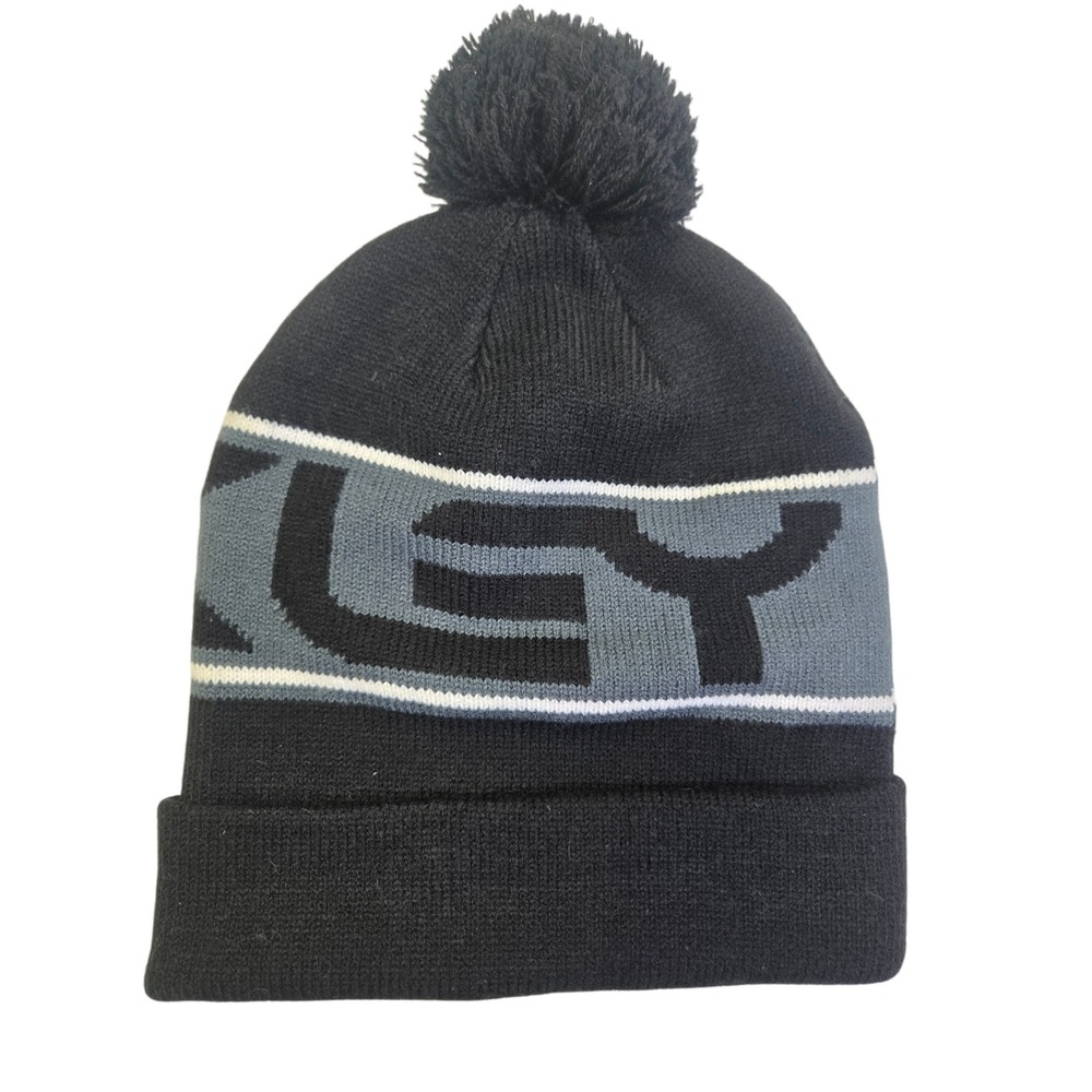Oakley Black Gray White Logo Pom Pom Beanie Hat Cuffed Knit Winter One Size